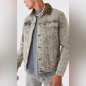 Men's Gray Denim Jacket with Sherpa Collar
